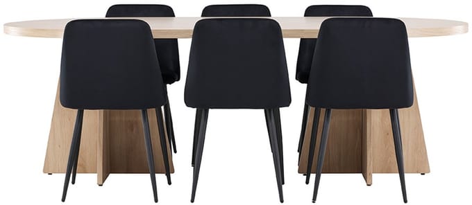 Bootcut eethoek tafel 115x230cm en 6 velours stoelen naturel.