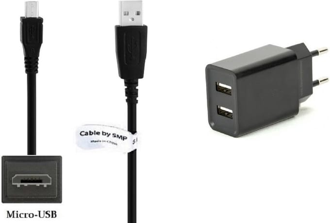 OneOne 2.1A lader met 2 poorten + 0,95m standaard Micro USB kabel. Oplader adapter past op Pocketbook eReader Basic Lux / Lux 2 / Lux 3 / Lux 4, Basic 2 / 3 / 4, Color 1, InkPad 3 / 3 Pro, Touch Lux 2 / Lux 3 / Lux 4 / Lux 5