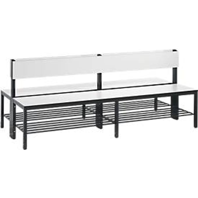 Basic Plus bank, 2-zijdig, met rugleuning en schoenenrek, 4-poots frame zwartgrijs RAL 7021, B 1960 mm, decor wit