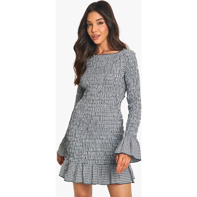 boohoo Dames Check Shirred Langarm Mini Jurk | Black | Maat: 16