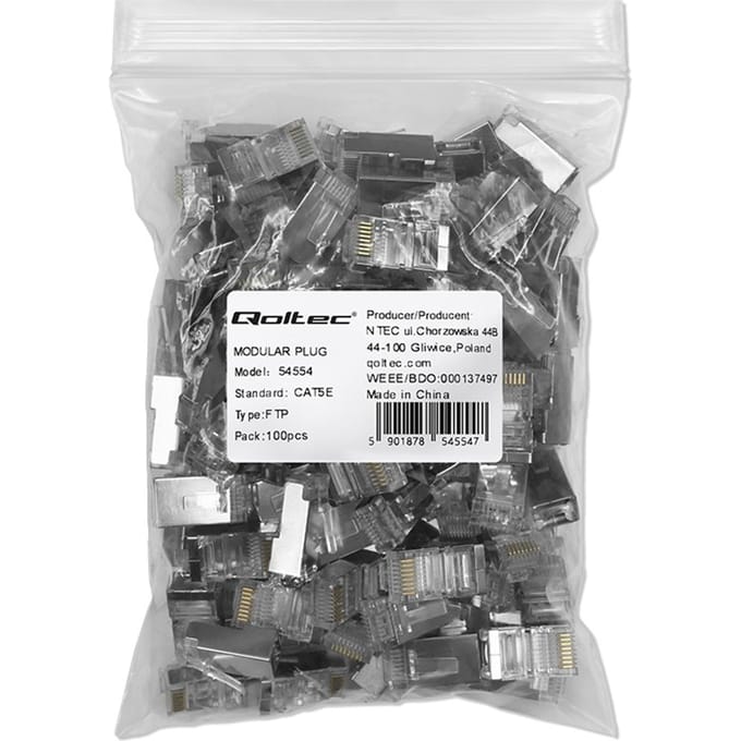 Qoltec Plug RJ45 modulaire connector |   CAT5e |   FTP |   Vergulde contacten |   100 stuks