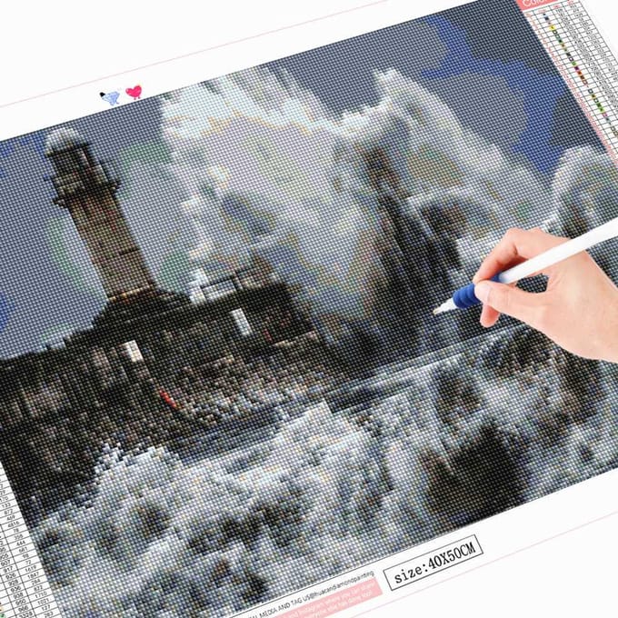 Peinture diamant thème phare, broderie complète 5d, paysage rond, point de croix 20X30CM gray