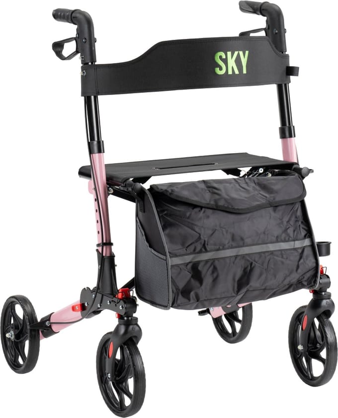Sky - Lichtgewicht rollator - Roze - Dubbel opvouwbaar - Met stokhouder, tas en rugband