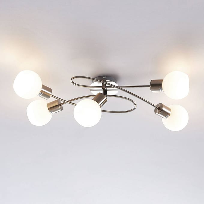 Lindby - plafondlamp - 5lichts - Metaal, glas - H: 15.5 cm - E14 - mat nikkel, opaalwit