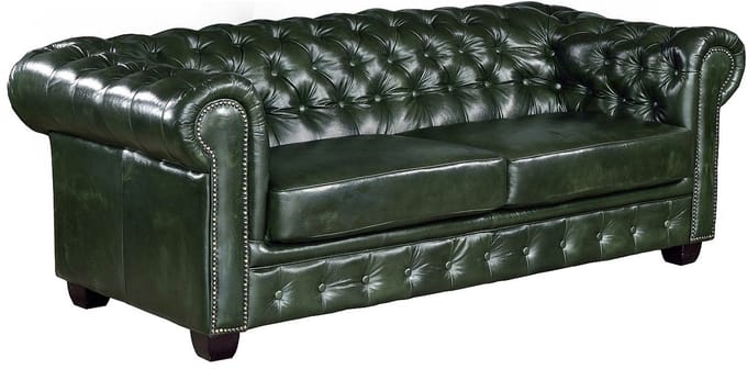 Vente-unique Driezitsbank en fauteuil Chesterfield BRENTON 100% buffelleer - empire groen