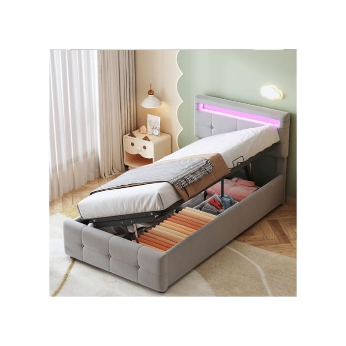 Kinderbed - MUVOE - 90x200 cm - LED-verlichting - Verstelbaar hoofdeinde - Hydraulische opbergruimte grijs