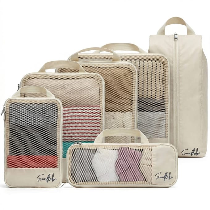 Compressie Packing Cubes - Packing Cubes met Compressierits - 6 stuks - Mesh Beige - Compression Cubes - Sunflake
