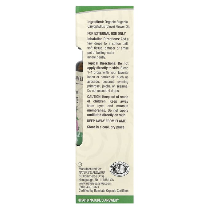 Nature'S Answer, Organic Essential Oil, 100% Pure Clove, 15 Ml (0.5 Fl Oz)