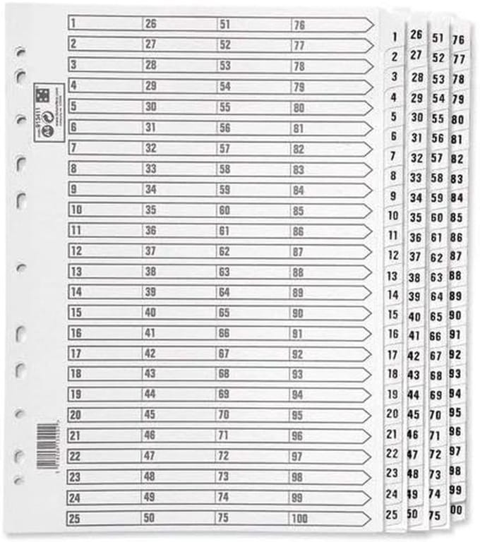 Index Kaarten - Tabbladen A4 - Documenten Organiseren - Mylar Versterkt - 1-100 - Wit