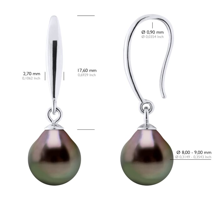 Oorbellen van Zilver 925 en Echte Cultiveerde Tahiti Parel Per 8-9 mm