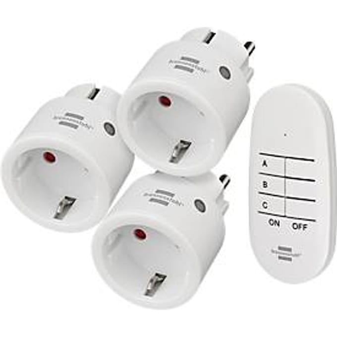 Brennenstuhl Comfort-Line draadloze schakelaarset MINI 3+1, 3 radiografisch bestuurde wandcontactdozen, 1 handzender, tot 2300 W, 25 m reikwijdte, voor binnen, verhoogde aanrakingsbeveiliging, B 148 x H 100 mm, wit, incl. batterijen
