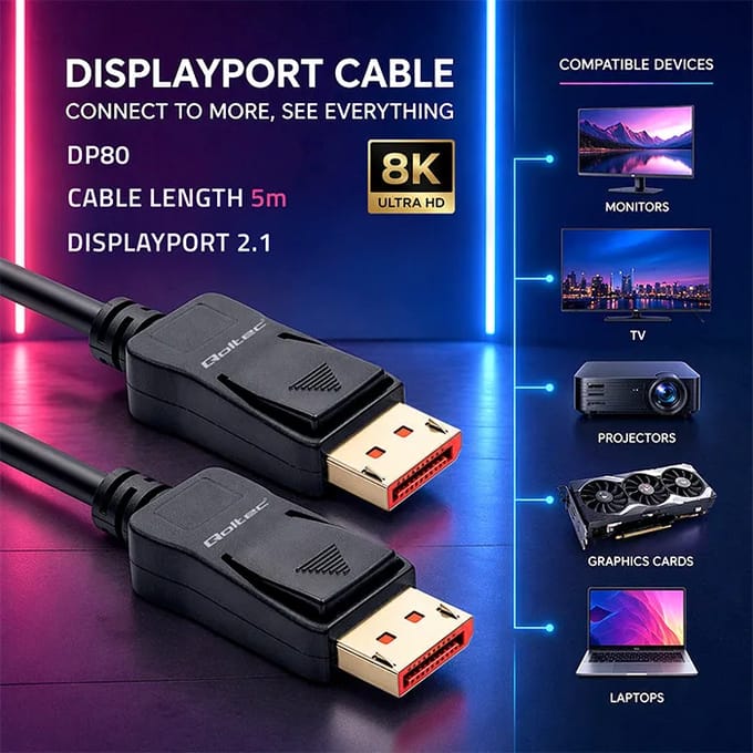 Qoltec DisplayPort v2.1 mannelijk |   DisplayPort v2.1 mannelijk |   8K |   54G |   5m