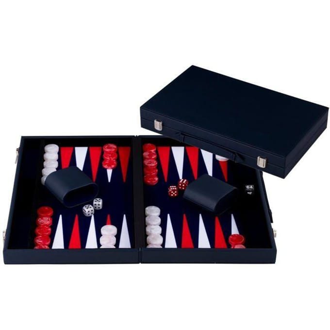Backgammon 18 inch - Rood & Wit Ingelegd Bord - Luxe Kunstlederen Koffer - Inclusief Stenen, Dobbelstenen & Werpbeker - Engelhart
