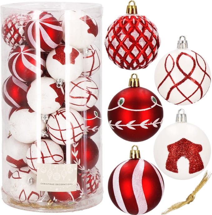 Springos Kerstballen | Kerstversiering | Onbreekbaar | 30 Stuks | 6 cm | Rood/Wit