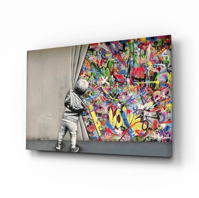 Glasschilderij - Achter het gordijn – Graffiti - 90x60x0.4 cm