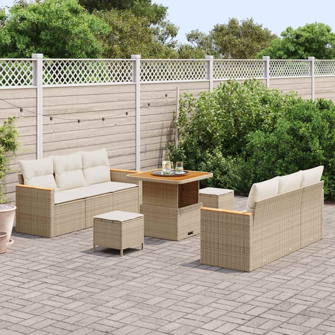 vidaXL - Tuinbank - Set - 9 - pcs - Beige - poly - rattan