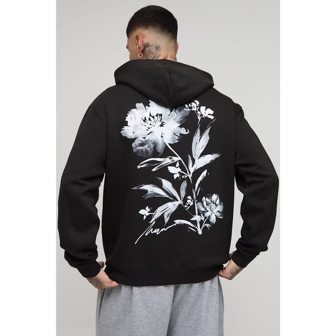 Tall Oversized Floral Print Hoodie | Black | Size Medium