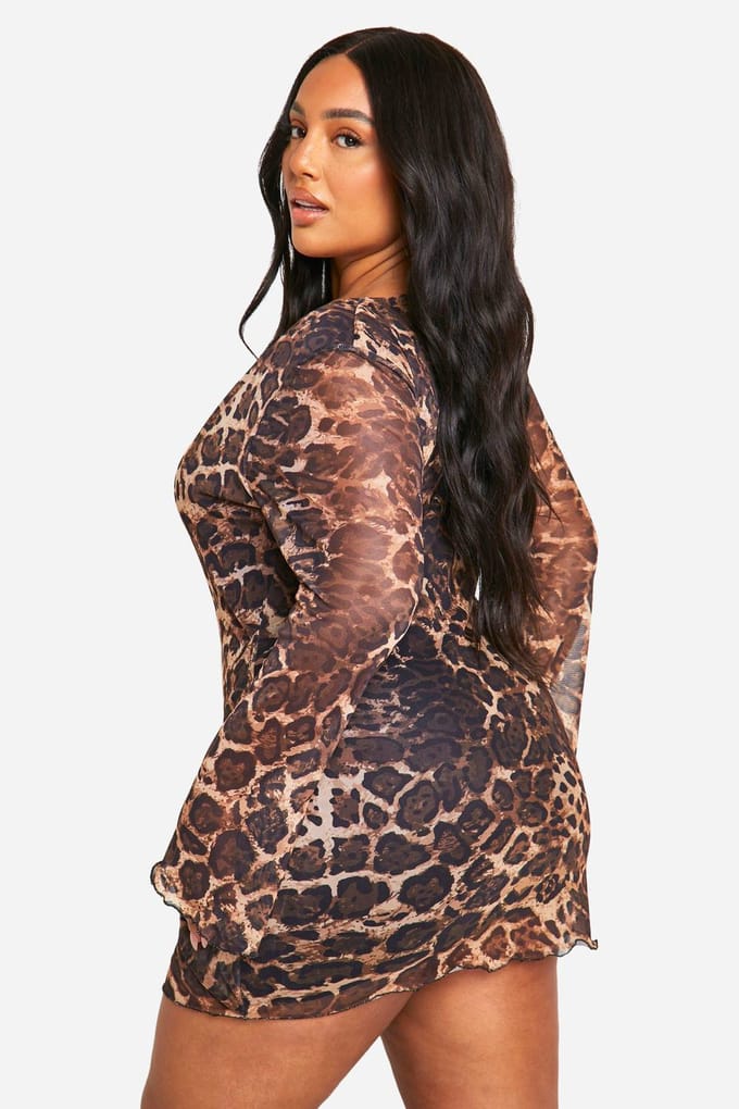 boohoo Dames Plus Luipaard Mesh Tie Mini Jurk | Luipaardprint | Maat: 56