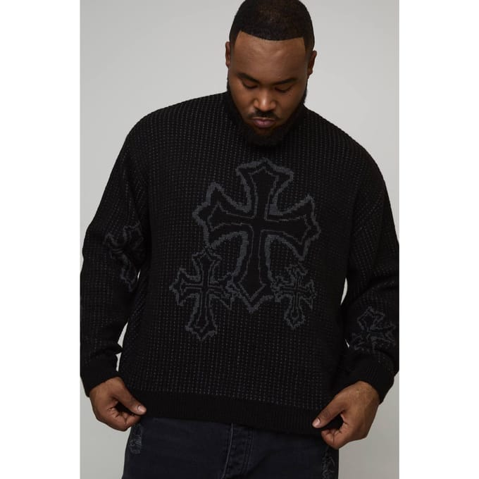 Plus oversized boxy pluizige cross jacquard gebreide trui | Black | Size 3XL