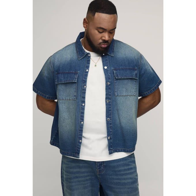 Plus Gewassen Oversized Boxy Denim Overhemd | Mid Wash | Size 2XL