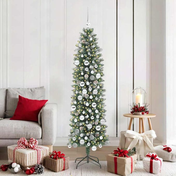 vidaXL Kunstmatige slanke kerstboom Groen en Wit 180 cm