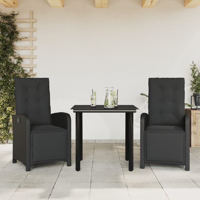 vidaXL - 3-delige - Bistroset - met - kussens - poly - rattan - zwart
