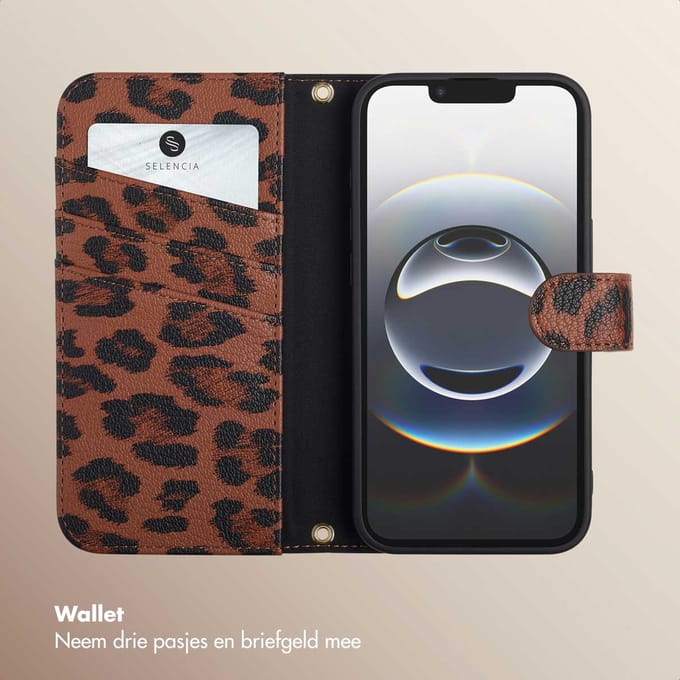 Selencia Hoesje - Geschikt voor Apple iPhone 17e / 16e - Sabi Bookcase met panterprint - Mocha Brown