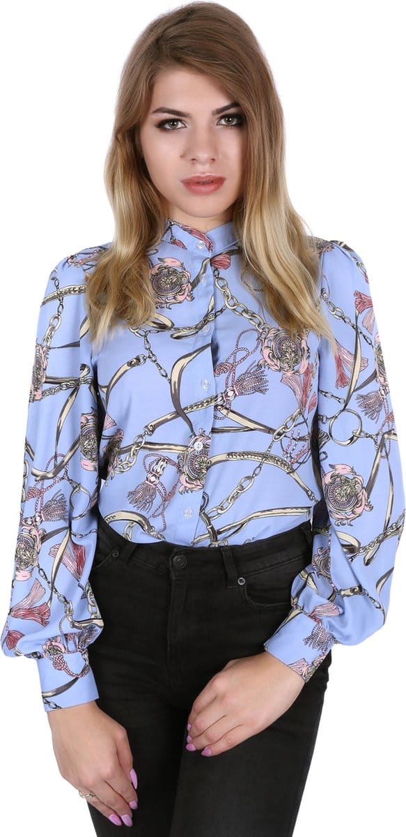 Blauw dameshemd met trendy kettingpatroon JOHN ZACK