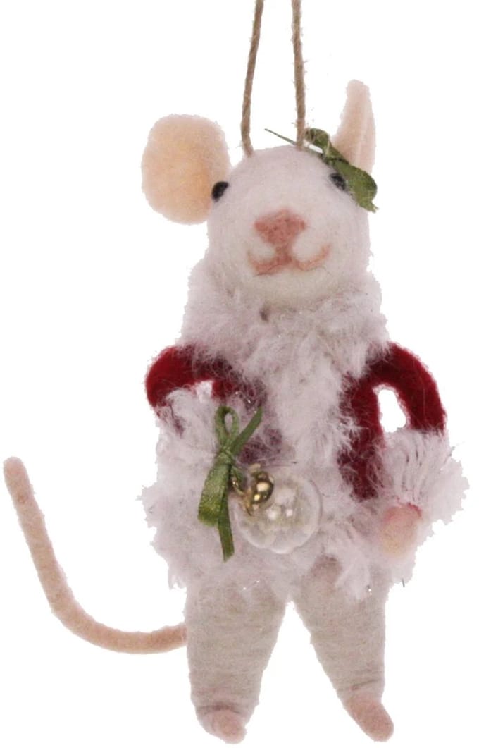 Muis in kerstjas en kerstbal vilt 5,5x8x12cm