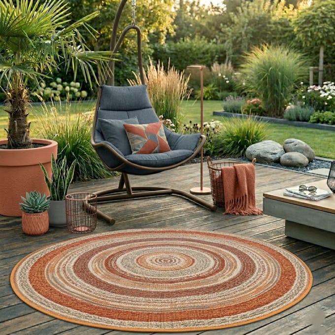 FLOORDIREKT Buitenkleed Zoe - Rond - Modern - Diameter: 120 cm - Terra