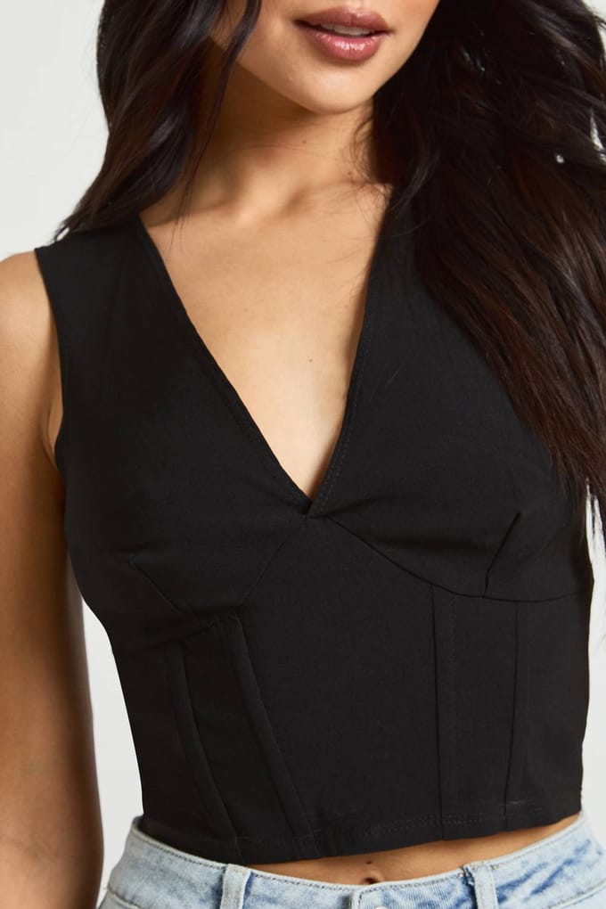 boohoo Dames Bengaline Plunge Korset | Black | Maat: 10