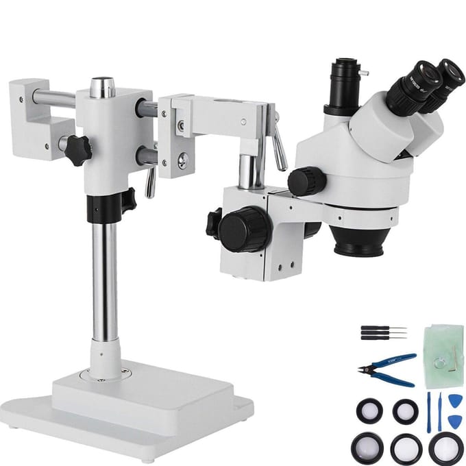 3.5X-90X Simul-Focale Stereomicroscoop 360° Draaibare Trinoculaire Stereomicroscoop met Dubbele Arm Boom