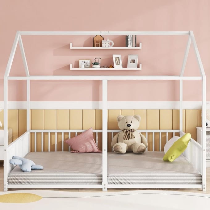Stapelbed Hut - Bunk bed kids - Ruimte Besparen - Met Hek - 90x200 cm - Wit