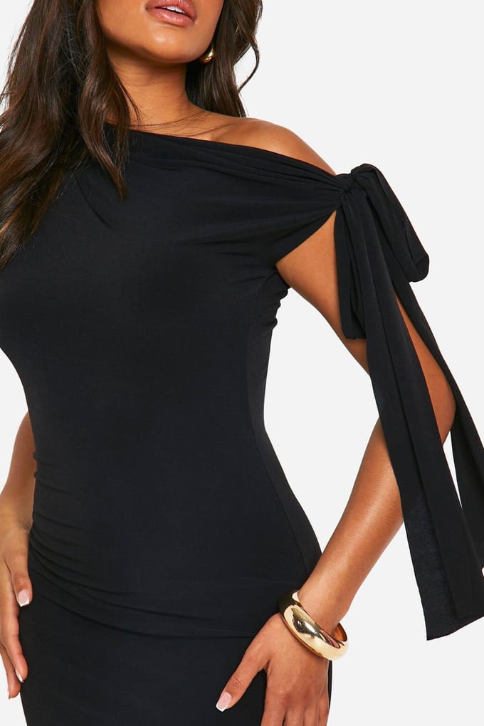 boohoo Dames Ruched Slinky Off The Shoulder Mini Jurk | Zwart | Maat: 42