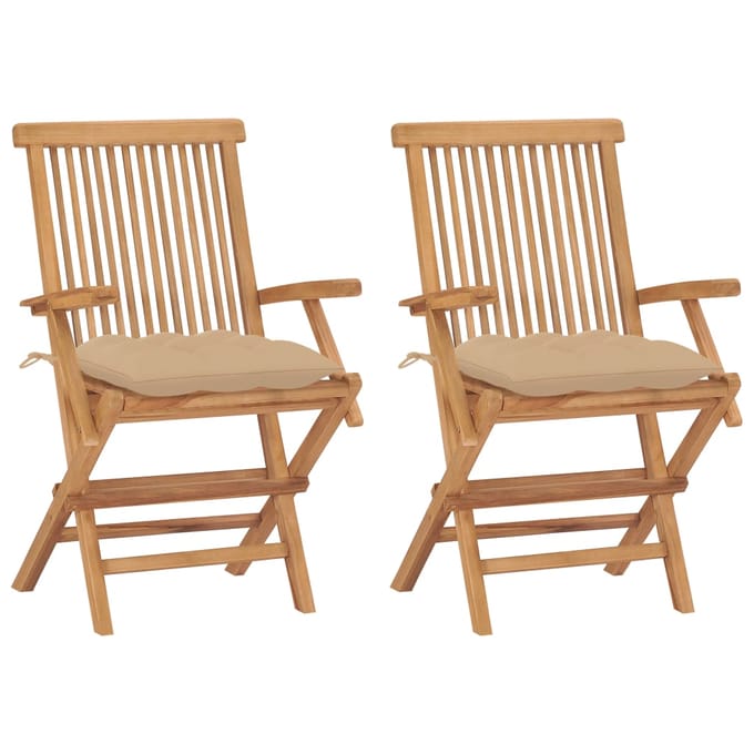 vidaXL - Opklapbare - stoelen - met - beige - kussens, - 2 - stuks, - massief - teakhout