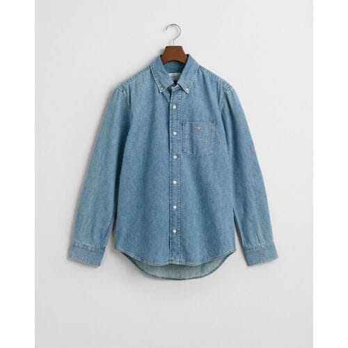 Gant Overhemd Heavy Garment Wash Denim Button Down Semi Light Blue Worn In / male
