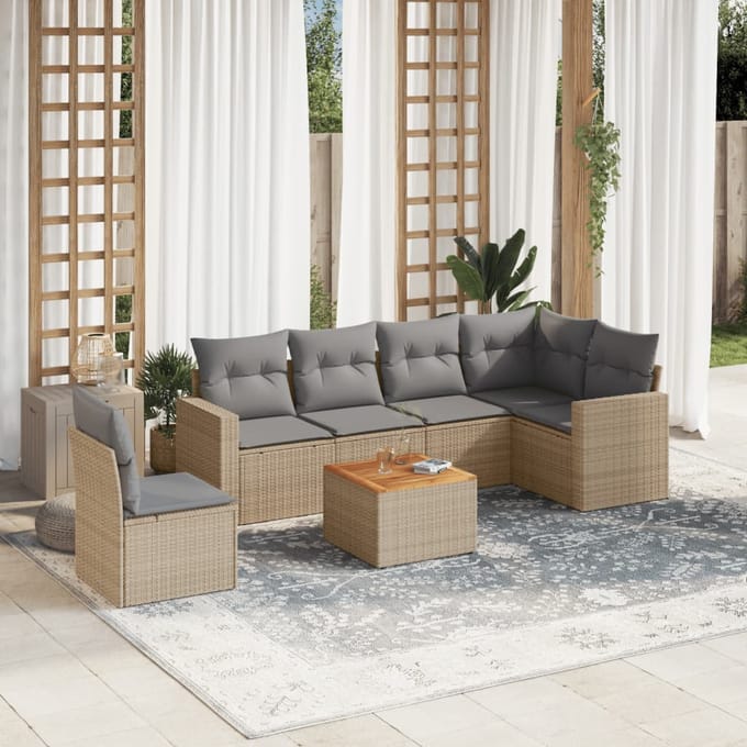 vidaXL - 7-delige - Loungeset - met - kussens - poly - rattan - beige