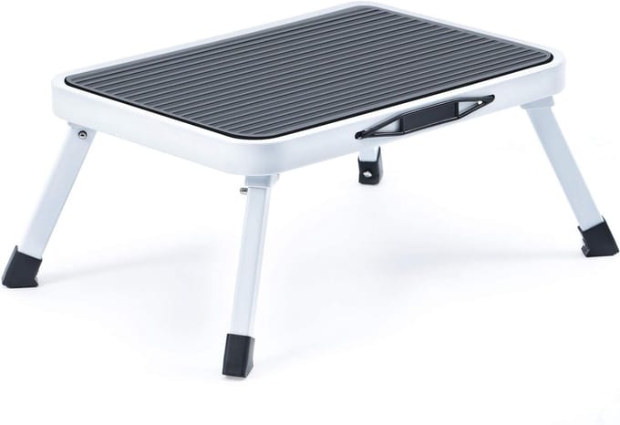 Famanu - Inklapbare opstapkruk van staal met antislip oppervlak, draagvermogen 150 kg, wit