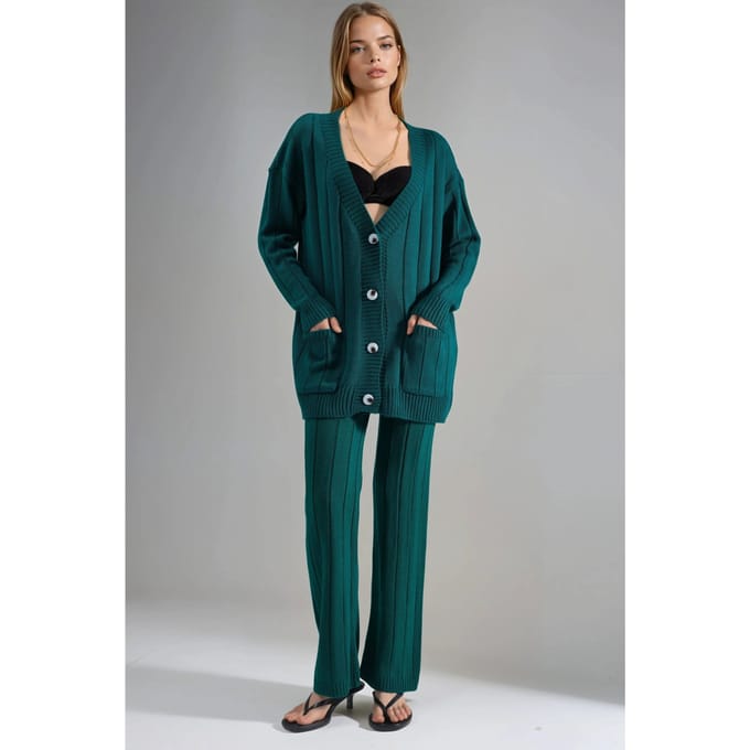 Textured Knit Set met V-Hals Cardigan en Wijde Pantalons