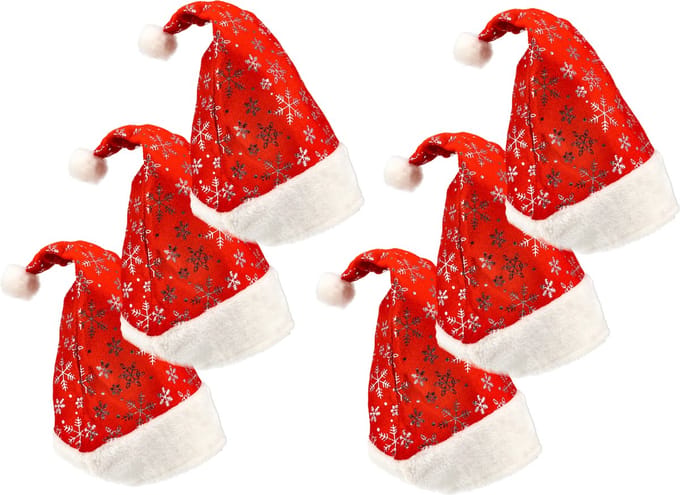 Kerstmutsen - Omtrek 62 cm - Unisex Sneeuwvlokken Design - Pluche Rood/Wit - Set van 6