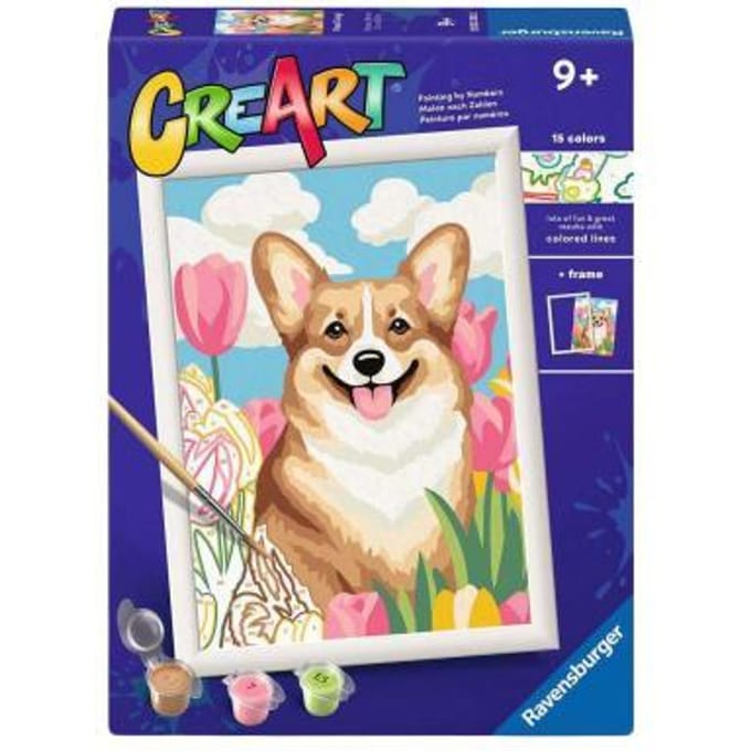 Ravensburger Creart schilderen op  nummer Corgi tussen de tulpen