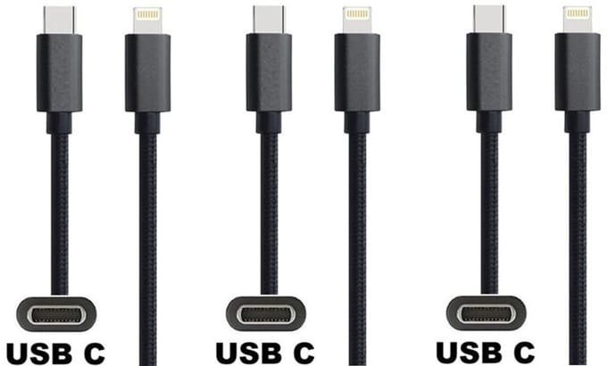 3 stuks OneOne USB C naar Lightning kabel. 2,0m zwarte laadkabel. Oplaadkabel past op Apple iPhone SE 2, iPhone 8, iPhone 8 Plus, iPhone 10, iPhone X, iPhone XR, iPhone XS, iPhone XS Max, iPhone 11