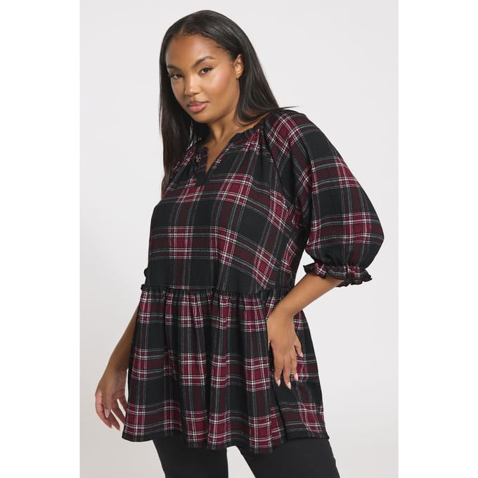 Yours Zwarte Geruite Peplum Top Met Textuur Size 48
