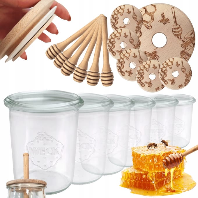 Weck Honingpotjes met Houten Lepel en Deksel - 160ml - Set van 6