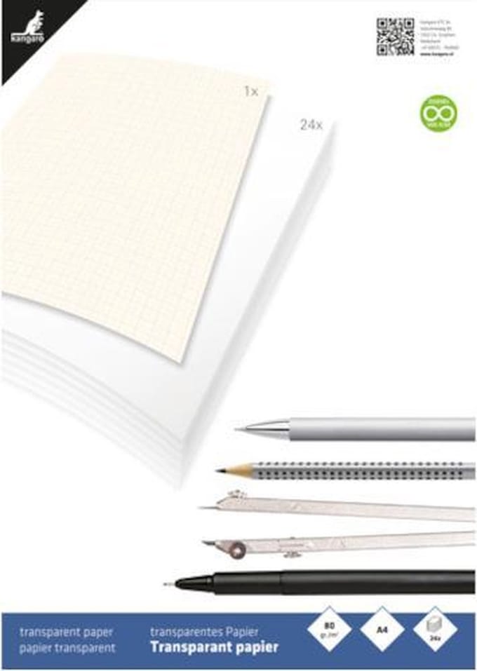Kangaro tekenblok A4 - 80 grams transparant papier - 24 vel - schetsblok inclusief vel mm-papier