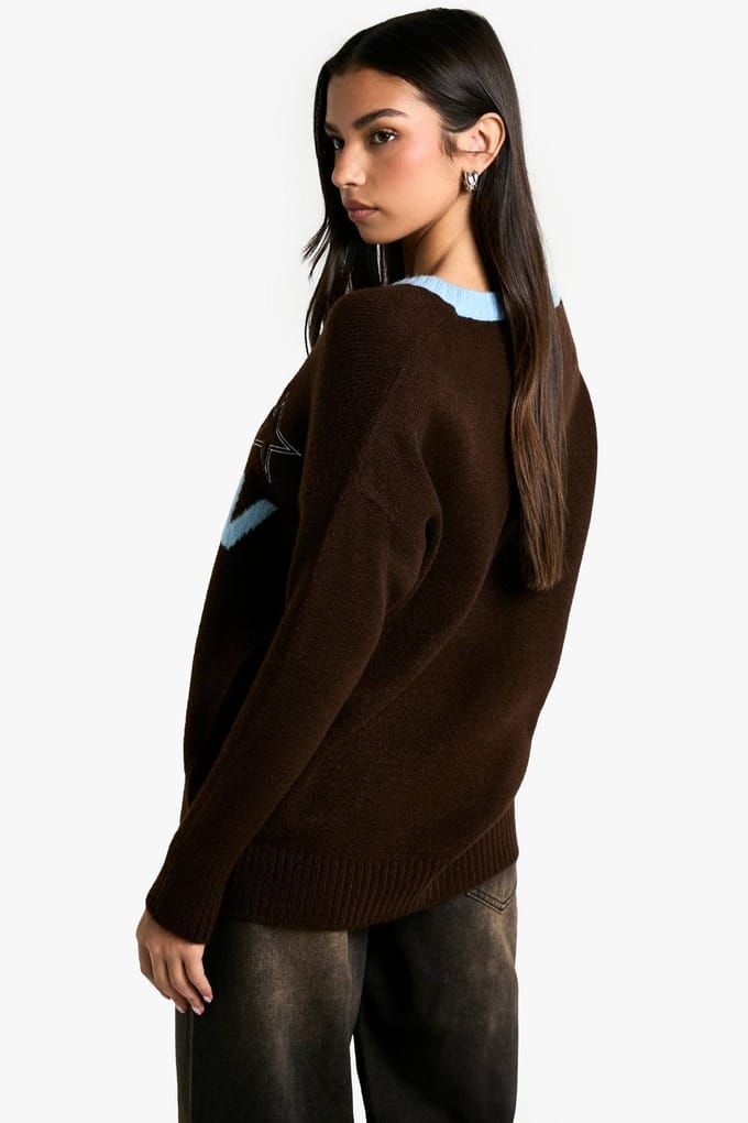 boohoo Dames DSGN Geborduurde Oversized V-hals Gebreide Trui | Chocoladebruin | Maat: Medium