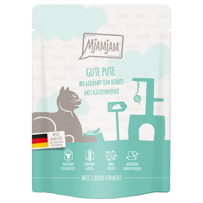 24x 300g MjAMjAM Squeeze goede kalkoen op gestoomde pompoen kattenvoer nat