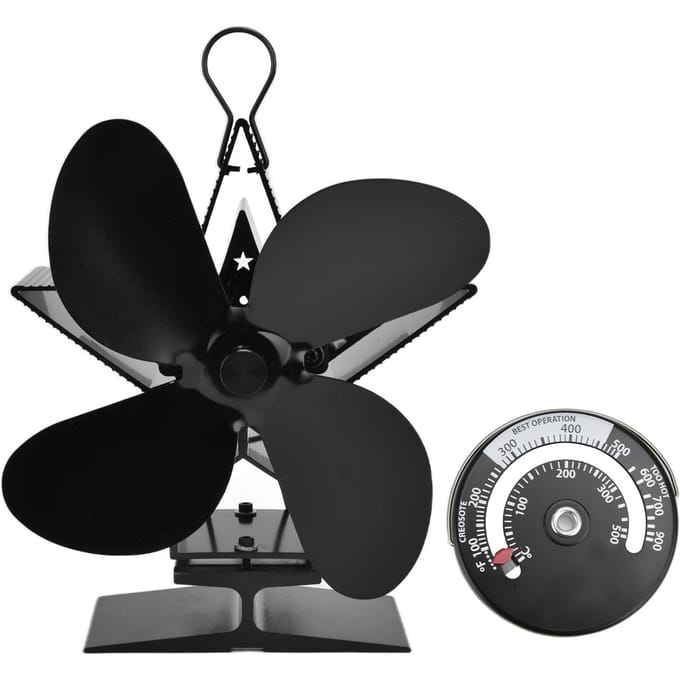 4 Bladen Openhaardventilator met Thermometer Binnen Houtkachel Warmte-aangedreven Ventilator voor Warmte black