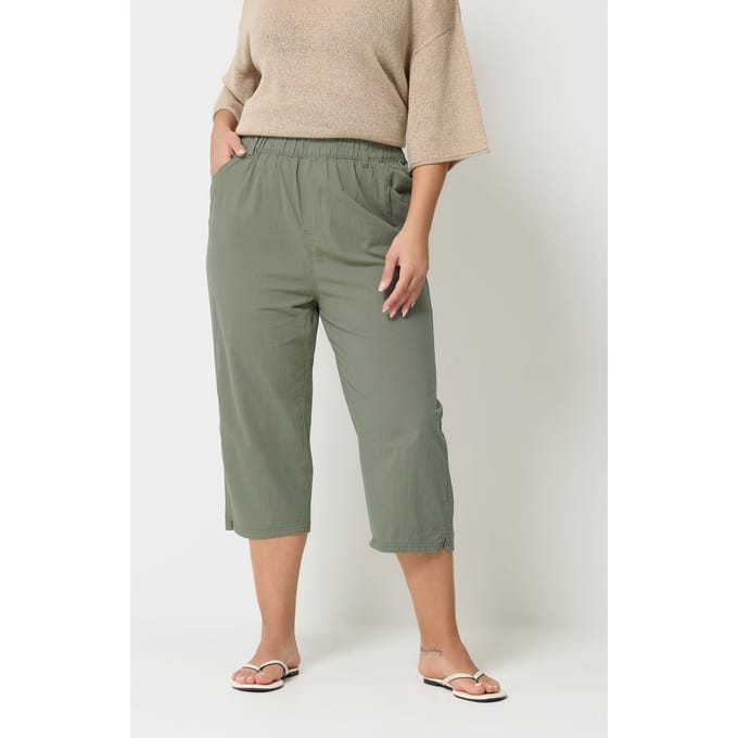 Yours Cropped Broek Van Katoen Met Elastische Taille In Kakigroen Size 58-60