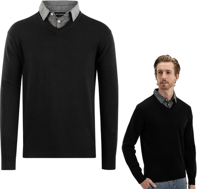 Milanoro - Herenpullover met overhemdkraag - Zwart - M
